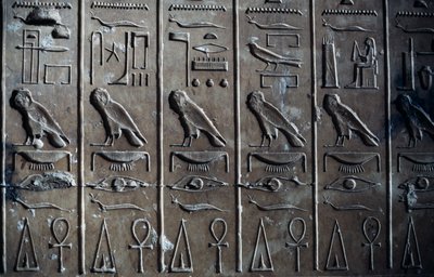 Bas-relief with hieroglyphic reliefs depicting god Horus in form of hawk and ankh by Egyptian 19th Dynasty