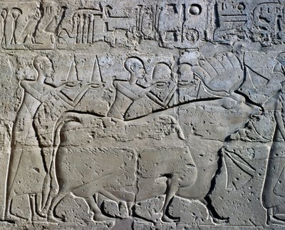 Characters symbolizing mining districts bringing their tributes to god by Egyptian 19th Dynasty