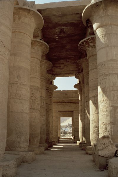 Columns with papyrus shafts and lotus capitals in the Great Hypostyle Hall by Egyptian 19th Dynasty