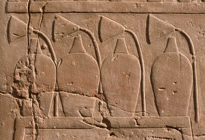 Detail of a relief depicting jars and lotus flowers by Egyptian 19th Dynasty