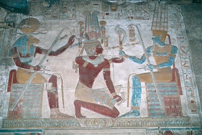 Egypt, Abydos, Temple of pharaoh Seti I, Osiris chapel, painted relief by Egyptian 19th Dynasty