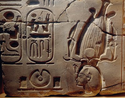 Egypt, Luxor, Ancient Thebes, Assasif Valley, fragment of relief depicting Ramses II and cartouches by Egyptian 19th Dynasty