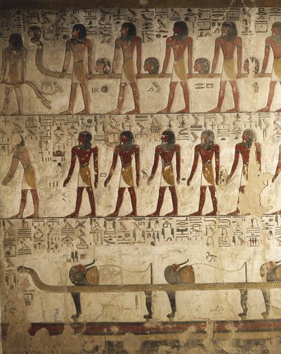 Egypt, Luxor, Valley of the Kings, Tomb of Seti I, Relief of painted scenes from Book of Gates by Egyptian 19th Dynasty