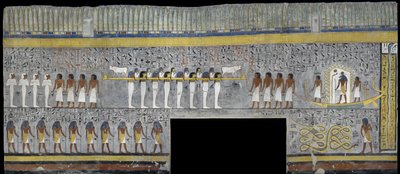 Egypt, Thebes, Luxor, Valley of the Kings, Tomb of Ramses I, mural painting of Ra in solar bark in burial chamber from 19th dynasty by Egyptian 19th Dynasty