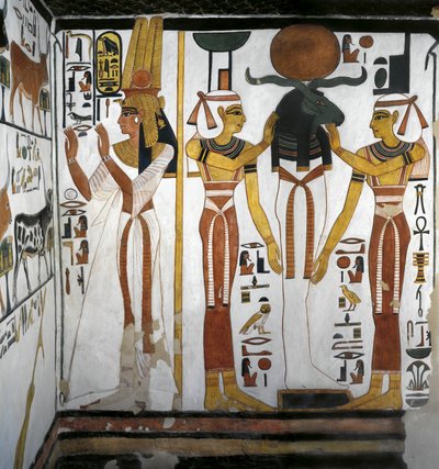 Queen Before Divine Entity Representing Osiris Resting in Ra in Circle of Goddesses Isis and Nephthy, Tomb of Nefertari, Valley of the Queens, Luxor, Thebes, Egypt by Egyptian 19th Dynasty