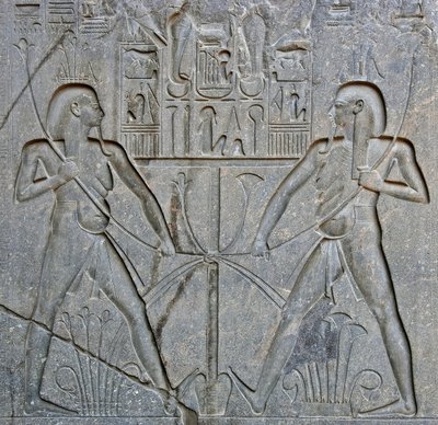 Detail of the base of the statue of Pharaoh Ramses II representing the union of Upper and Lower Egypt. Temple of Luxor, East Bank (Thebes), Egypt by Egyptian 19th Dynasty