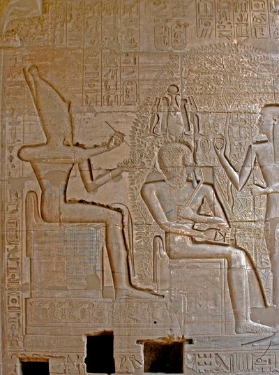 Egyptian Antiquities: Detail of the Reliefs Representing Ramses II Crown and Blessed by the Divinity of Seshat Scripture, Memorial Temple Dedicated to Pharaoh Ramses II by Egyptian 19th Dynasty