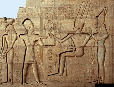 Egyptian Antiquity: Relief Depicting Pharaoh Ramses II in Front of Two of the Deities of the Theban Triad, Amon and Mut; Funeral Temple Dedicated to Pharaoh Ramses II, Site of Ramesseum in Luxor, Egypt by Egyptian 19th Dynasty