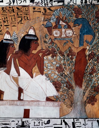 Goddess Isis, appearing to Sennedjem and his wife in sacred sycamore, Tomb of Sennedjem, also known as TT1 tomb, dating back to reign of Rameses II, Deir el-Medina, Theban Necropolis, Egyptian Civilization, New Kingdom, Dynasty XIX by Egyptian 19th Dynasty
