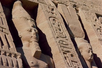 Heads of Ramesses II and Hathor/Nefertari on the Facade of the Temple of Queen Nefertari, New Kingdom, c.1250 BC (detail) by Egyptian 19th Dynasty