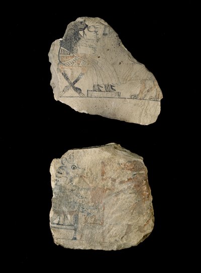 Limestone Ostraca with Humorous Sketches in Red and Black Ink by Egyptian 19th Dynasty