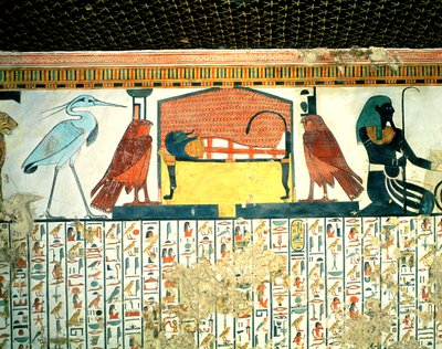 Mummy on a funeral bed with various divinities, from the Tomb of Nefertari, New Kingdom by Egyptian 19th Dynasty