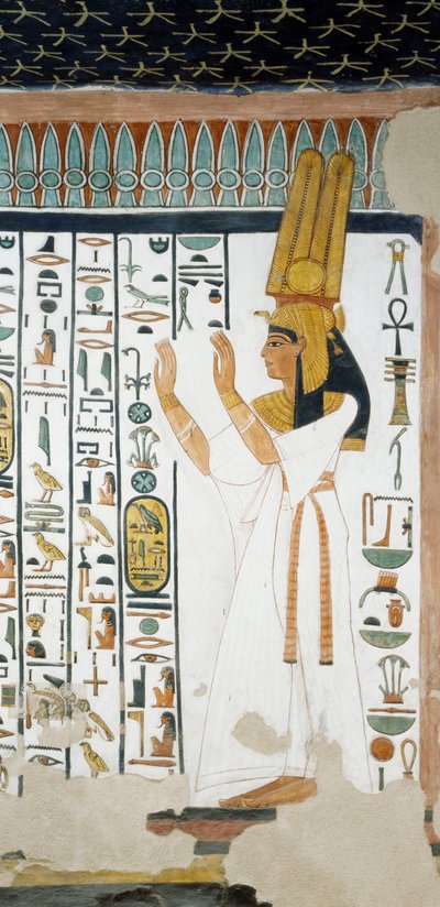 Nefertari in front of the first door of the Kingdom of Osiris, raising her arms in a sign of adoration, fresco, burial chamber, Tomb of Nefertari, Valley of the Queens, Thebes by Egyptian 19th Dynasty
