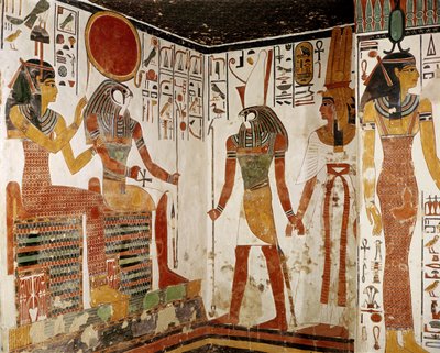 Nefertari is brought before the god Re-Horakhty by Horus, from the Tomb of Nefertari, New Kingdom by Egyptian 19th Dynasty