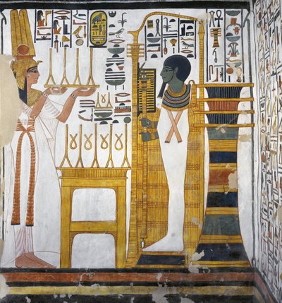 Nefertari making an offering of linen to Ptah (detail) by Egyptian 19th Dynasty
