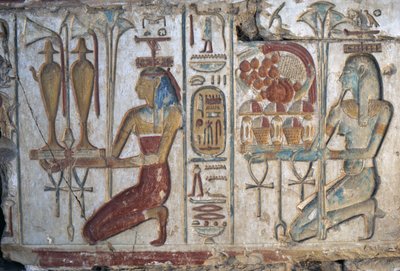 Offering Scene, Relief, Temple of Ramses II, Abydos, Egypt, Egyptian Civilization, New Kingdom, Dynasty XIX by Egyptian 19th Dynasty