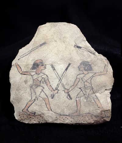 Ostrakon depicting two men fighting with sticks, from Deir El-Medina, New Kingdom by Egyptian 19th Dynasty