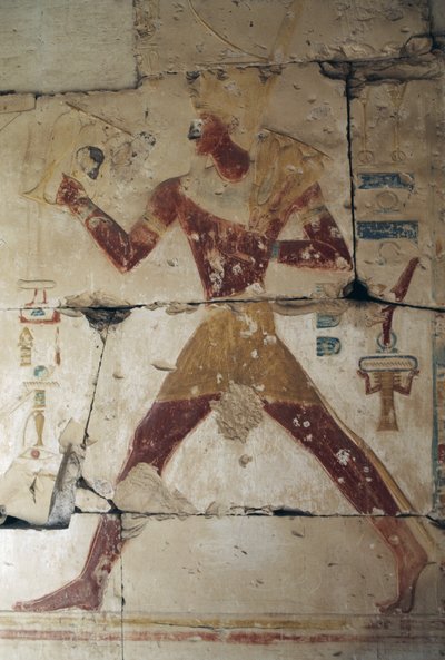 Painted Relief Depicting Pharaoh, Temple of Ramses II, Abydos, New Kingdom, Dynasty XIX by Egyptian 19th Dynasty