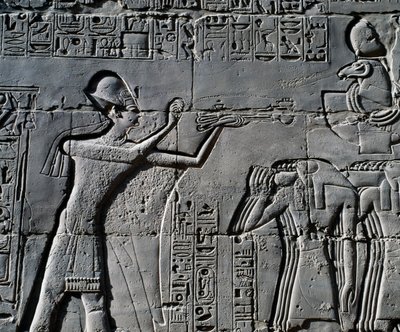Ramesses II in front of sacred boat, relief, interior walls of Great Hypostyle Hall, Karnak temple complex by Egyptian 19th Dynasty
