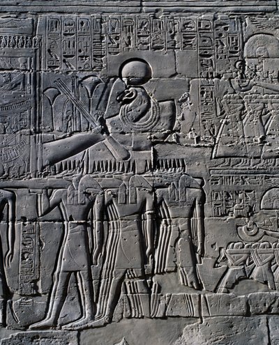 Ramesses II in front of sacred boat, relief, interior walls of Great Hypostyle Hall, Karnak temple complex by Egyptian 19th Dynasty