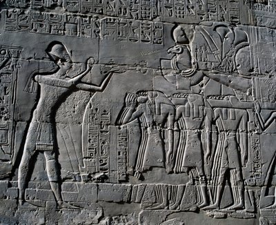 Ramesses II making sacrifices in front of sacred boat, relief, interior walls of Great Hypostyle Hall, Karnak temple complex by Egyptian 19th Dynasty