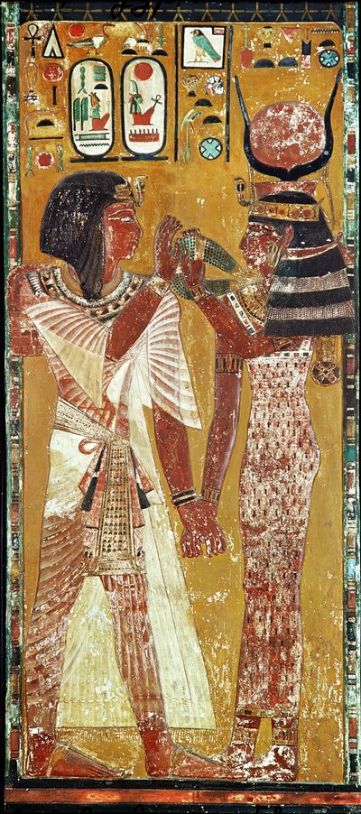 Relief depicting the Goddess Hathor placing the magic collar on Seti I by Egyptian 19th Dynasty