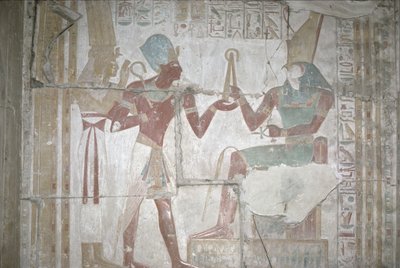 Relief of Isis, presenting Sethos I (1303-1290 BC) to Horus, New Kingdom by Egyptian 19th Dynasty