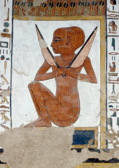Representation of Henty-Reki, guardian of the fifth Gate of the Kingdom of Osiris, detail from the frescoes in the burial chamber of Nefertari, Valley of Queens, Luxor, Thebes by Egyptian 19th Dynasty