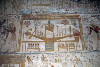 Sacred boat, bas relief, chapel of Osiris, Temple of Seti I by Egyptian 19th Dynasty