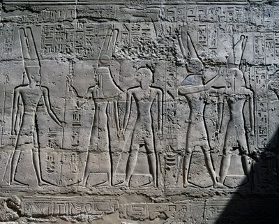 Scenes of offerings to gods, relief, interior walls of Great Hypostyle Hall, Karnak temple complex (Unesco World Heritage List) by Egyptian 19th Dynasty
