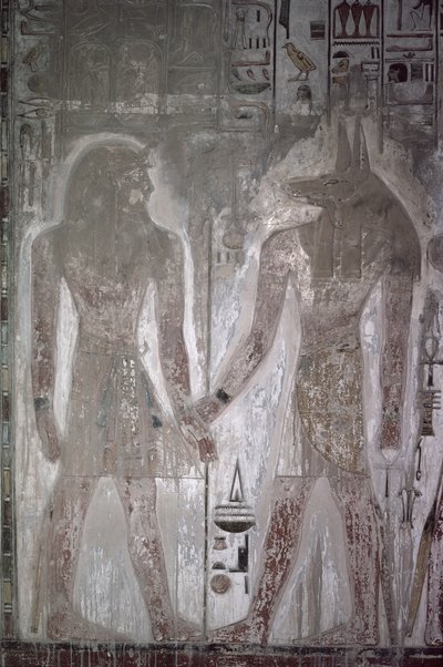 Seti I (1303-1290 BC) and Anubis in the Tomb of Seti, New Kingdom by Egyptian 19th Dynasty