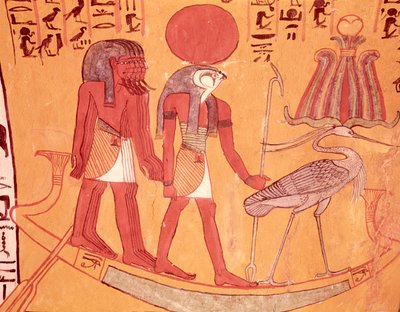Solar Barque with Re-Horakhty, the Benu Bird and Four Other Deities, from the Tomb of Sennedjem, The Workers Village, New Kingdom by Egyptian 19th Dynasty