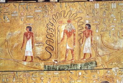 The sun god Ra in his solar barque, protected by the coils of a serpent, from the Tomb of Seti I, New Kingdom by Egyptian 19th Dynasty