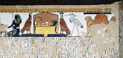 Upper register, lions with symbol of Atum, god Bennu, symbol of soul of Ra, mummy of Nefertari with two falcons, and genius of Nile, lower register, chapter 17 of Book of Dead, fresco, Tomb of Nefertari, Valley of Queens, Thebes by Egyptian 19th Dynasty