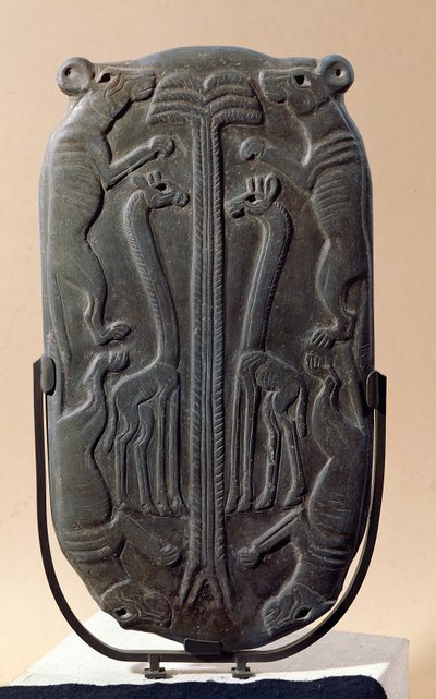 Palette Depicting Four Dogs and Two Giraffes with a Palm Tree by Egyptian 1st Dynasty