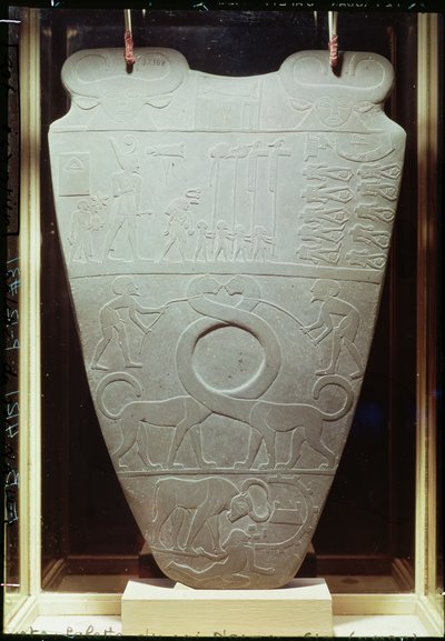The Narmer Palette: Ceremonial Palette Depicting King Narmer, Wearing the Red Crown of Lower Egypt, Inspecting Bound and Decapitated Prisoners by Egyptian 1st Dynasty