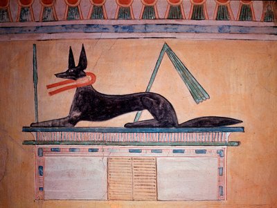 Jackal-headed Anubis, god of mummification. Wall of the Tomb of Prince Khaemweset II (painted limestone decoration, 20th Dynasty) by Egyptian 20th Dynasty