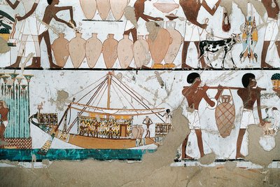 Mural Painting Depicting Scene of Carriage of Wine on Boat, from New Kingdom by Egyptian 20th Dynasty