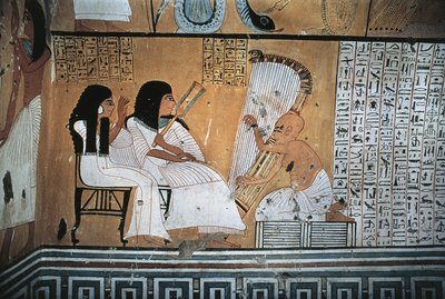 Mural painting of deceased Khai-Inherkha and wife watching blind harpist by Egyptian 20th Dynasty