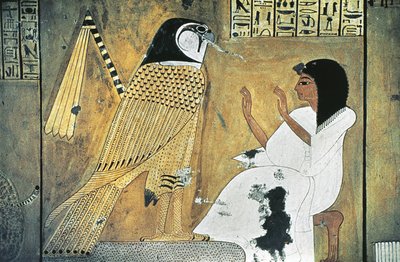 Mural painting of scene from Book of the Dead, transformation into Golden Falcon by Egyptian 20th Dynasty