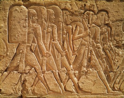 Relief Depicting Servants Carrying Rope and Weapons, from the Mortuary Temple of Ramesses III, New Kingdom by Egyptian 20th Dynasty