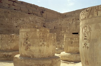 Remains of columns in the Hypostyle Hall of the Mortuary Temple of Ramesses III by Egyptian 20th Dynasty