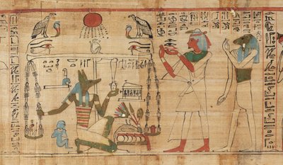 Detail from the Book of the Dead of the Priest Aha-Mer Depicting Anubis Weighing the Heart of the Deceased Against the Feather of Truth by Egyptian 21st Dynasty