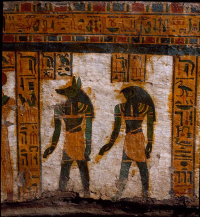 Egyptian antiquity: the funerary genies Douamoutef and Kebehsenouf. Decoration of the anthropoid sarcophagus of the scribe Butehamon, 21st dynasty. Museum of Egypt in Turin by Egyptian 21st Dynasty