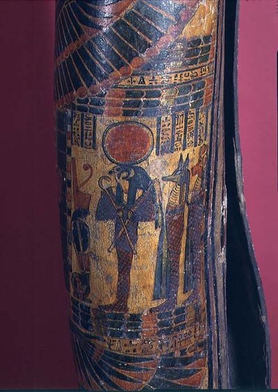 Detail of Sarcophagus Showing Re-Harakhty with Solar Disc, Holding Crook and Flail Sceptres, Two Sons of Horus Standing Behind, Third Intermediate Period, 850-730 BC (detail) by Egyptian 22nd Dynasty