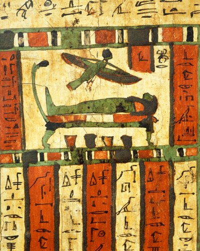 Plastered and painted wood depicting deceased on deathbed while soul, Ba, flies towards afterlife, from Sarcophagus of Tashakheper, Thebes by Egyptian 26th Dynasty