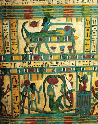 Plastered and painted wood depicting god Anubi protecting mummy of deceased and solar boat with god Ra, from Sarcophagus of Usai, Thebes by Egyptian 26th Dynasty