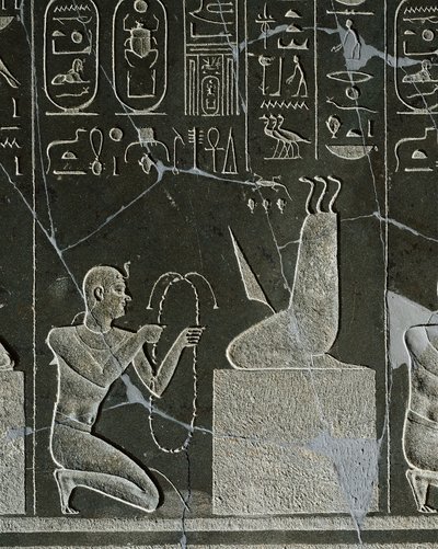 Dolerite Relief of Nectanebo I, King Offering Necklace to Demon, Represented by Knife Blade and Three Snakes, from Heliopolis at Temple of Atum by Egyptian 30th Dynasty
