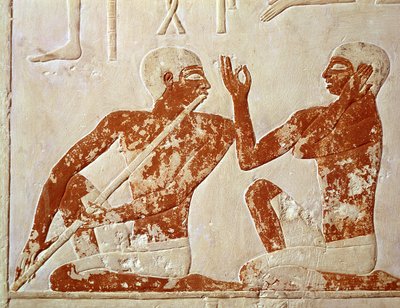 Painted relief depicting a flute player and a singer at a funerary banquet, from the Tomb of Nenkhefetka, Saqqarah, Old Kingdom by Egyptian 5th Dynasty