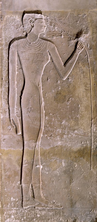 Pillar Depicting a Woman Smelling a Lotus Flower by Egyptian 5th Dynasty